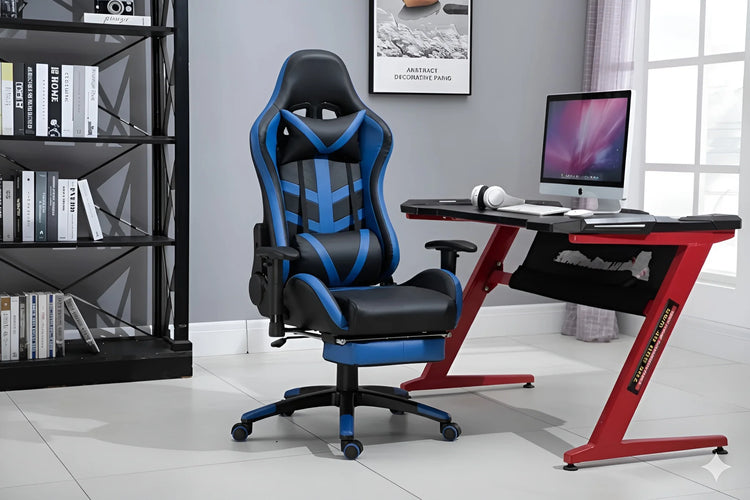 Side view of black and blue gaming chair with dimensions and measurements UT-C071