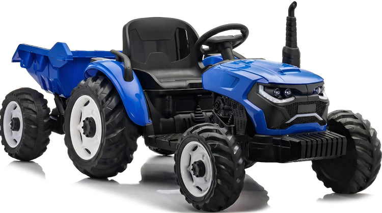 12V electric ride-on tractor for kids with detachable trailer and remote control, available in Red, Green, Yellow, and Blue - Model BBL-MB0068 A.