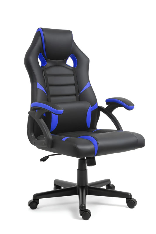 Frontal view of a black and blue high-back ergonomic office chair UT-C5881T