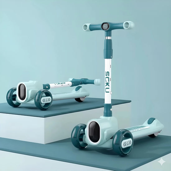 Light blue kids' 3-wheel scooter with adjustable handlebar and LED wheels 103-160