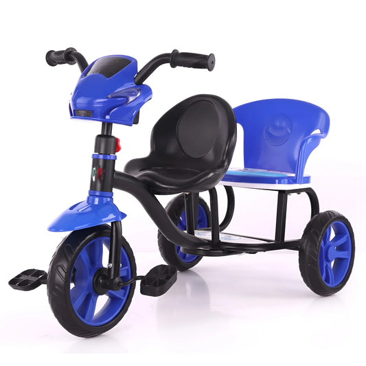 Blue kids' tandem tricycle with two seats and steel frame LT5566