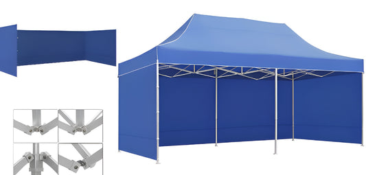 Blue pop-up aluminum canopy tent Gazebo 3m x 6m with 3 Side Walls and metal frame. Outdoor Panels for Privacy on a white background