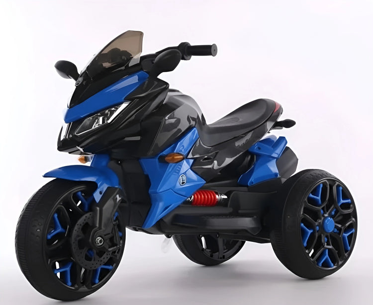 Blue Kids' 12V Sport Bike Trike (5188 8008) with a stable three-wheel design and working headlights.