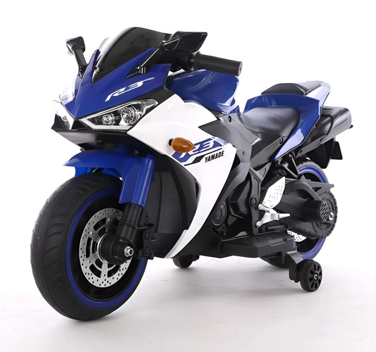 Blue Kids' 12V Ride-On Motorcycle (Y-MB150) with training wheels and working headlights.