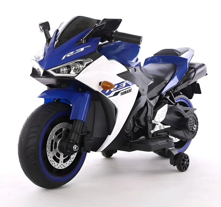 Blue Kids' 12V Ride-On Motorcycle (Y-MB150) with training wheels and working headlights.