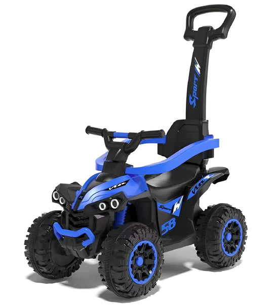Blue 6V Quad Bike for kids (J-MB8562) with a removable parent push handle.