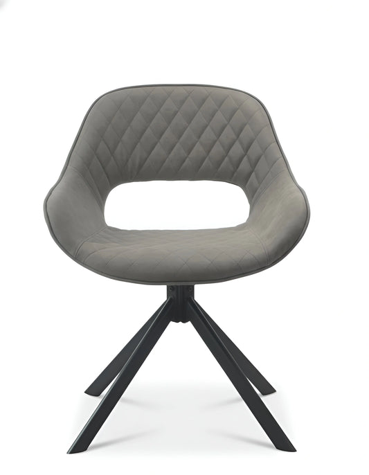 Frontal view of a brown quilted fabric dining chair with a swivel base UT-C4202