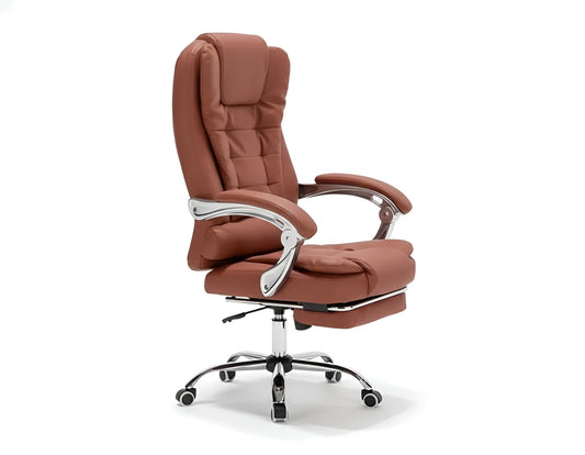 Frontal view of a brown ergonomic office chair with a padded seat and footrest UT-C418.