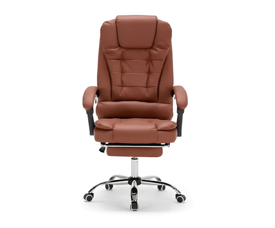 Angled view of a brown office chair showing the padded armrests and footrest UT-C418