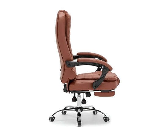 Side view of a brown executive office chair with a fully extended footrest UT-C418