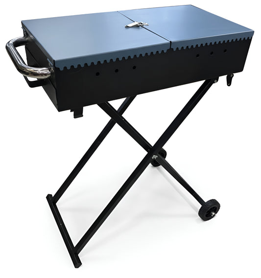 A blue and black portable charcoal BBQ grill with folding legs, wheels, and a chrome handle 2058 NW