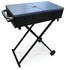A blue and black portable charcoal BBQ grill with folding legs, wheels, and a chrome handle 2058 NW