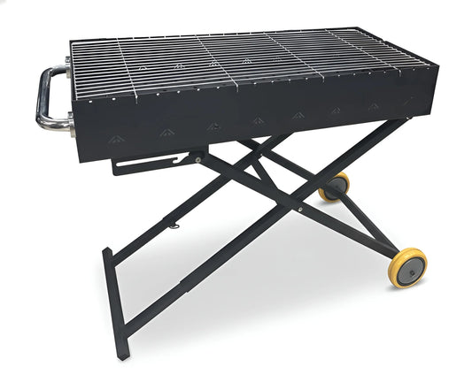 A black portable charcoal BBQ grill on a foldable stand with yellow wheels and a chrome handle 2137