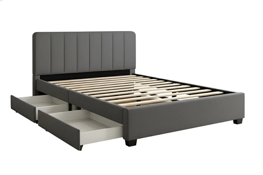 Charcoal upholstered bed frame with two under-bed storage drawers and a tufted headboard 4182-3D