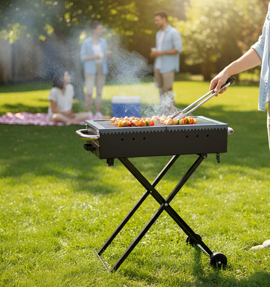 Person grilling outdoors with a family in the background on a sunny day