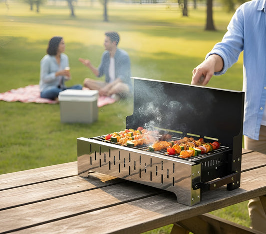 A portable charcoal BBQ grill on a wooden picnic table with people enjoying a picnic in the background 2112