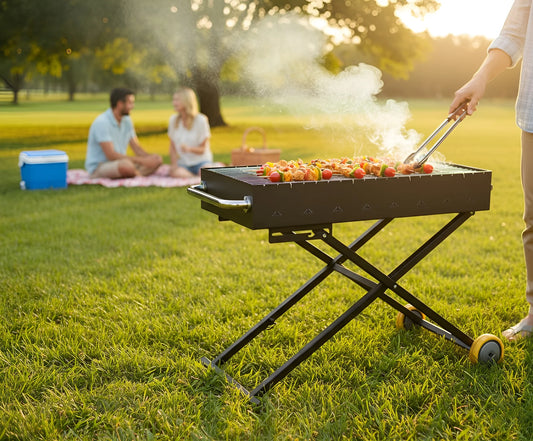 Person grilling food on a portable barbecue grill in a park with people sitting on blankets in the background.