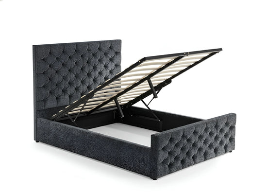 Charcoal chenille gas lift Double bed frame with tufted button headboard (3207G)