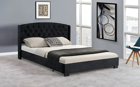 Charcoal chenille Double bed frame with an upholstered, button-tufted headboard (4022-3)