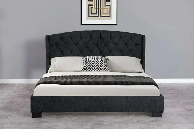 Charcoal chenille King Single bed frame with an upholstered, button-tufted headboard (4022-3)