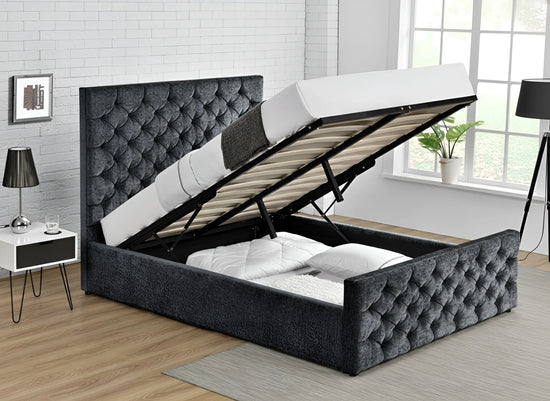 Charcoal chenille gas lift Double bed frame with tufted button headboard (3207G)