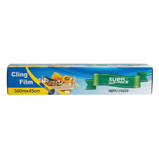 Super Pack Cling Film 45cm x 300m wide roll with safety icons and cutter bar instructions DD0743