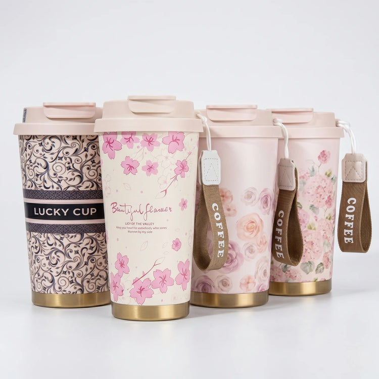 520ml insulated stainless steel ceramic lined coffee cup BC-0387-C floral pink floral designs