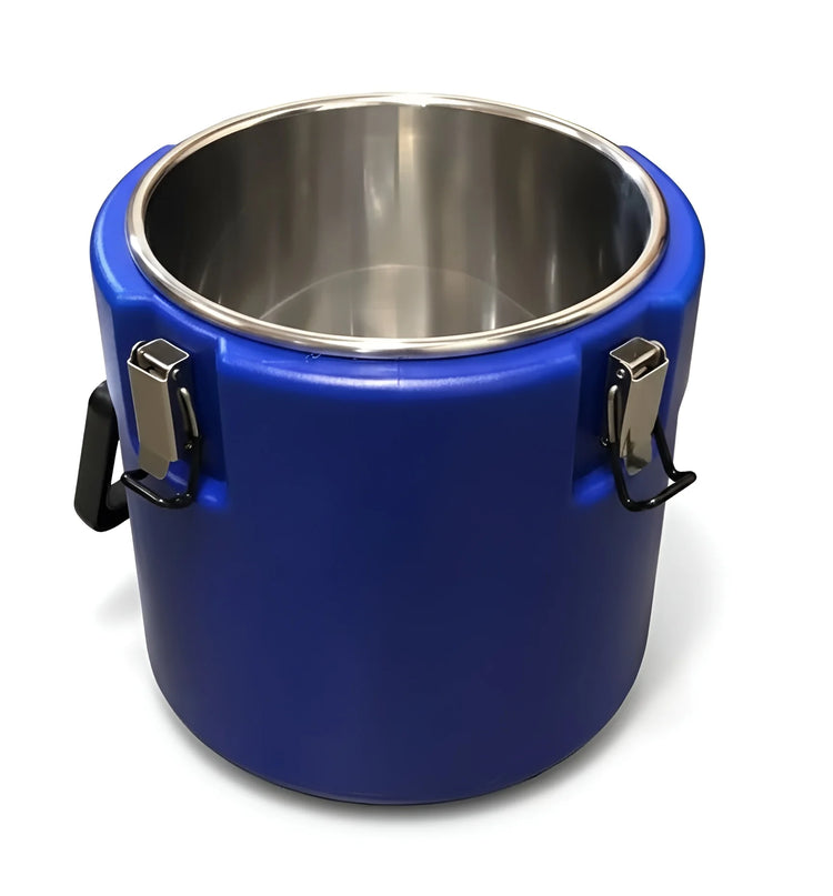 Top-down view of an open blue cooler bin showing the stainless steel interior YS19022-73