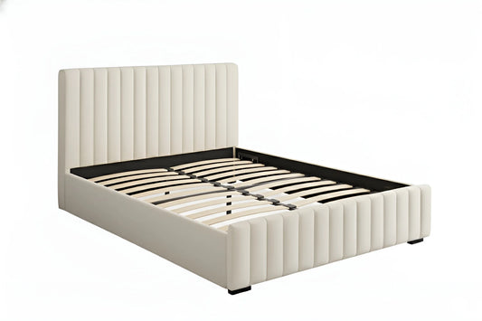 Cream chenille gas lift  King bed frame with vertical line stitching on the headboard and storage space underneath 4480G