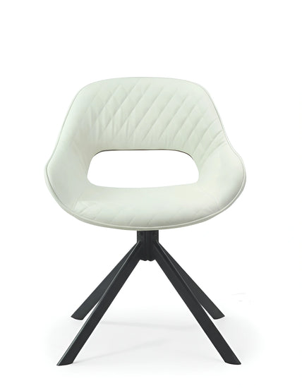 Frontal view of a modern cream quilted fabric dining chair with a swivel base UT-C4202