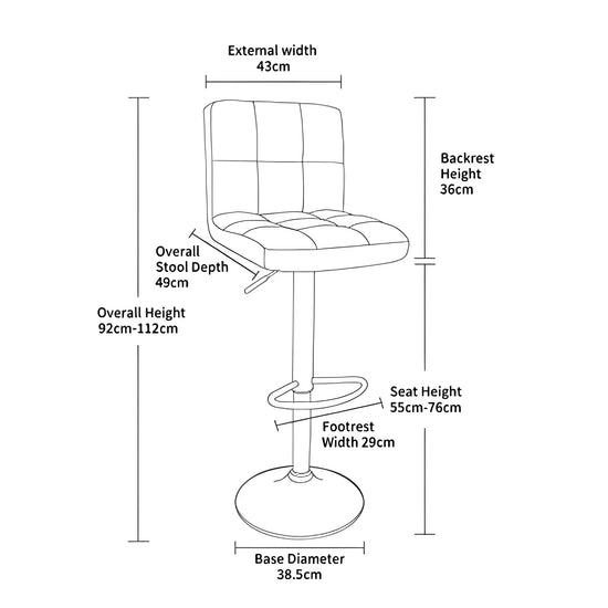 Bar stool with dimensions labeled on a white background