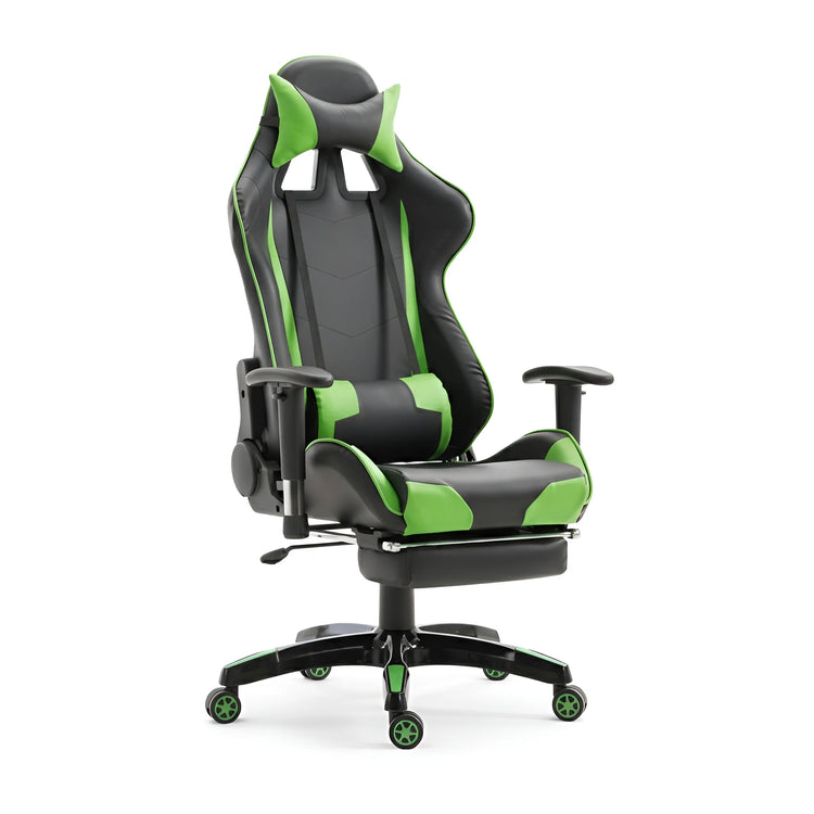 Frontal view of a black and green ergonomic gaming chair with adjustable footrest in an office setting UT-C580F