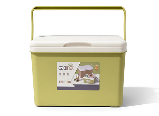 A green 22-litre and a green 7-litre plastic cooler bin with insulated white lids and carry handles 549