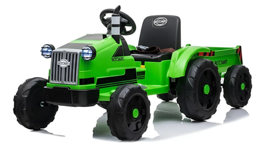 Green toy tractor with black seat on a white background