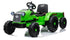 Green toy tractor with black seat on a white background