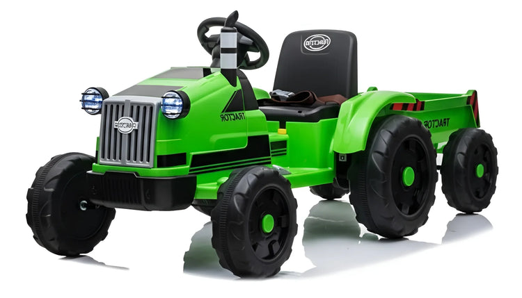 Green toy tractor with black seat on a white background