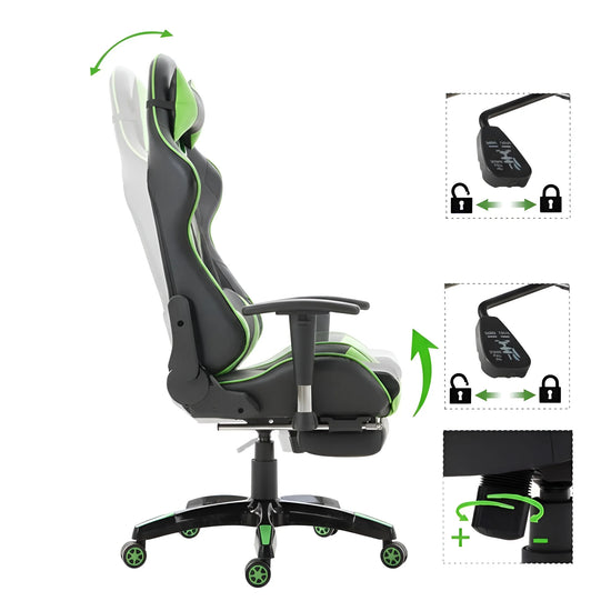 Side view of a black and green gaming chair showing recline and rocking function levers UT-C580F