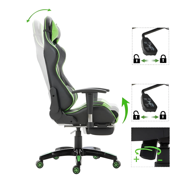 Side view of a black and green gaming chair showing recline and rocking function levers UT-C580F