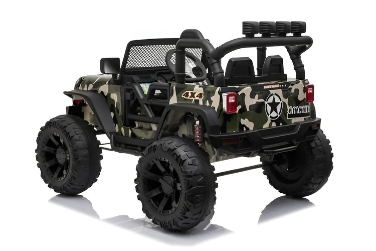 Camouflage-patterned jeep toy truck with large wheels on a white background