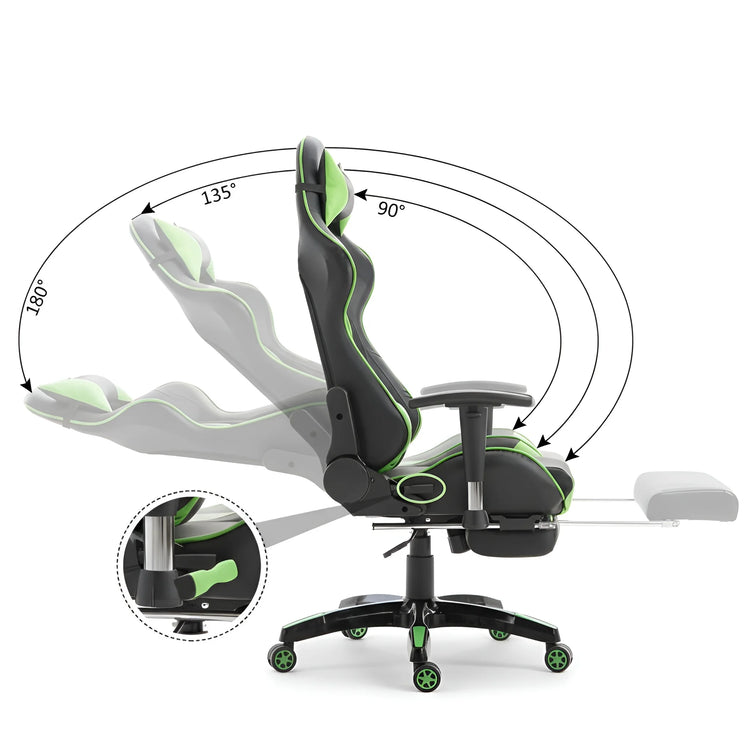 Side view of a black and green ergonomic gaming chair showing a 90° to 180° recline angle UT-C580F