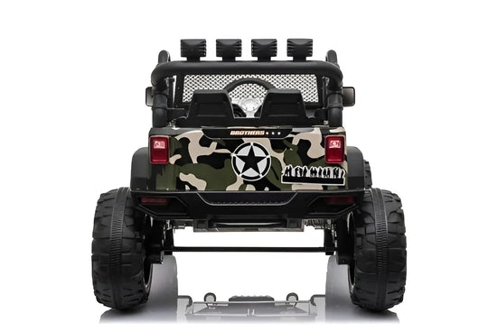 Toy jeep truck with camouflage design and star emblem on a white background