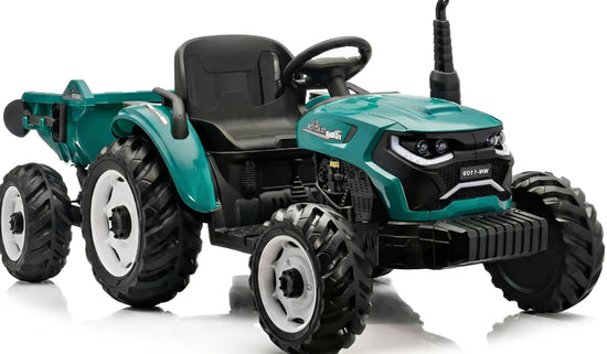 12V electric ride-on tractor for kids with detachable trailer and remote control, available in Red, Green, Yellow, and Blue - Model BBL-MB0068 A.