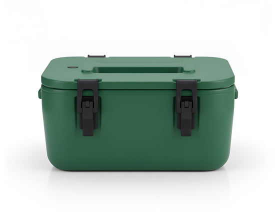Frontal view of a green 28-litre heavy-duty insulated cooler bin with black latches and handle YS19022-102