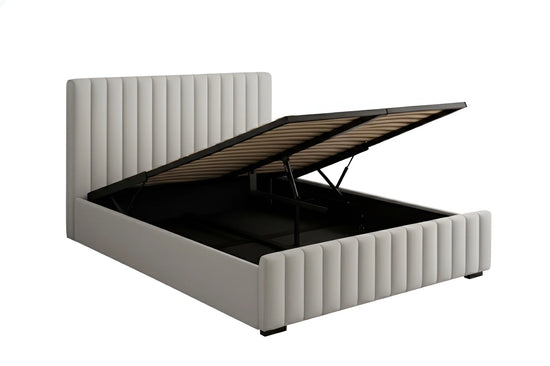 Grey chenille gas lift  King bed frame with vertical line stitching on the headboard and open storage space underneath 4480G