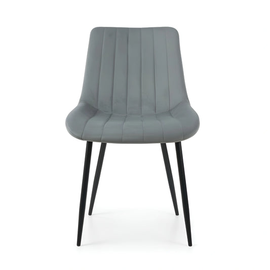Frontal view of a modern gray velvet dining chair with a padded seat UT-C7050