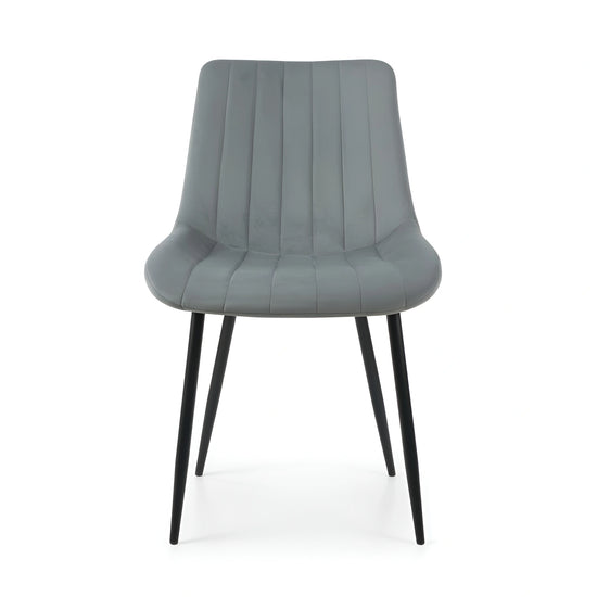Frontal view of a modern gray velvet dining chair with a padded seat UT-C7050
