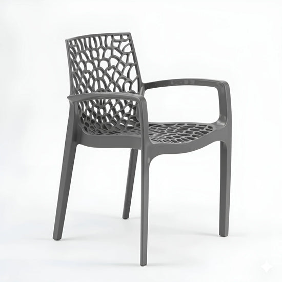Gray chair with a unique lattice design on a white background