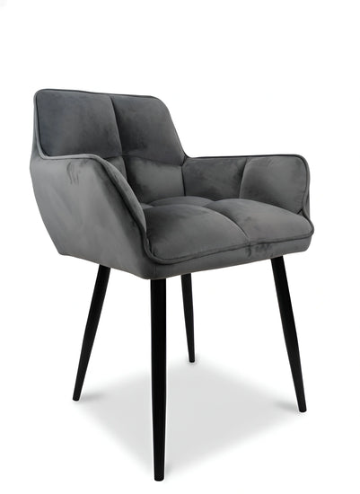 Side view of a modern gray velvet dining chair with black legs UT-C2014