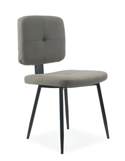Gray upholstered chair with black metal legs on a white background