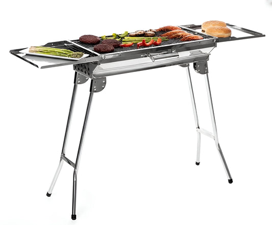 Stainless steel portable BBQ grill on a stand with a grilling surface and food ready to cook 1066